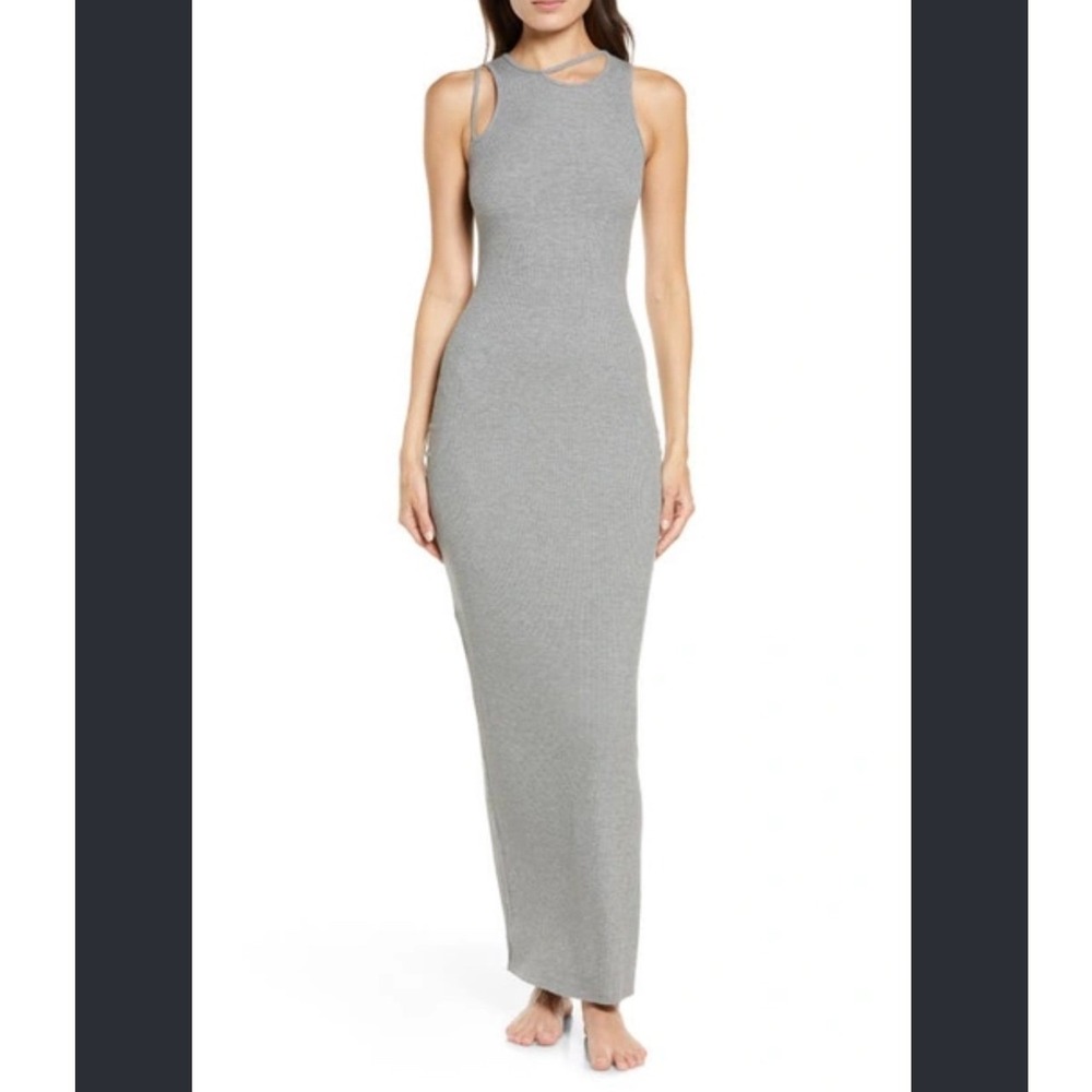 SKIMS Soft Lounge Rib Cutout Nightgown Heather Grey XXS Sleeveless Maxi Dress